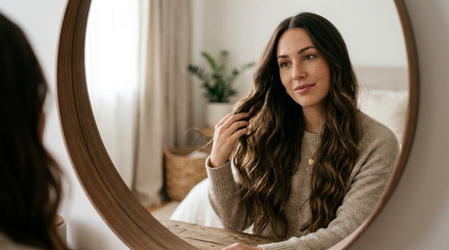girl admiring her hair in the mirror