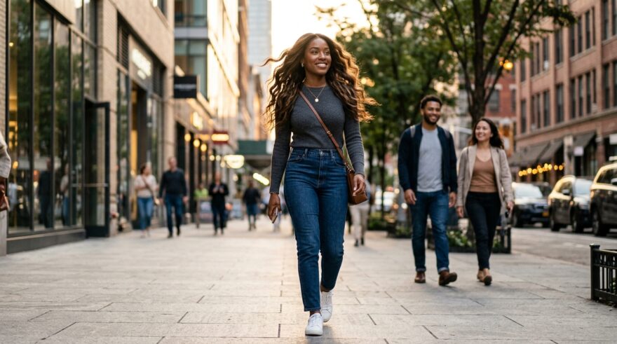 girl walking confidently with hair extensions in her hair