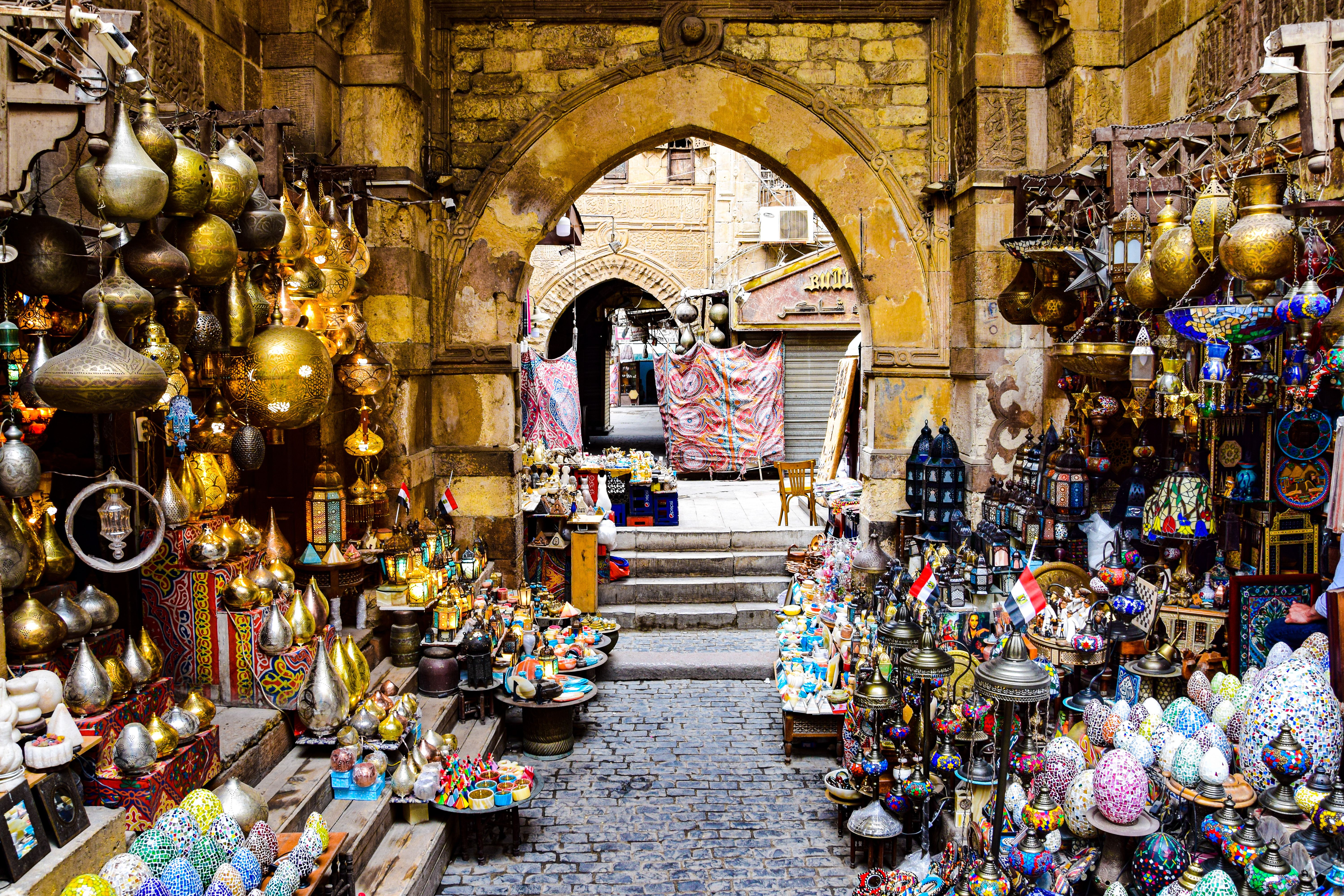 Vibrant traditional crafts and lanterns on display in an Egyptian bazaar