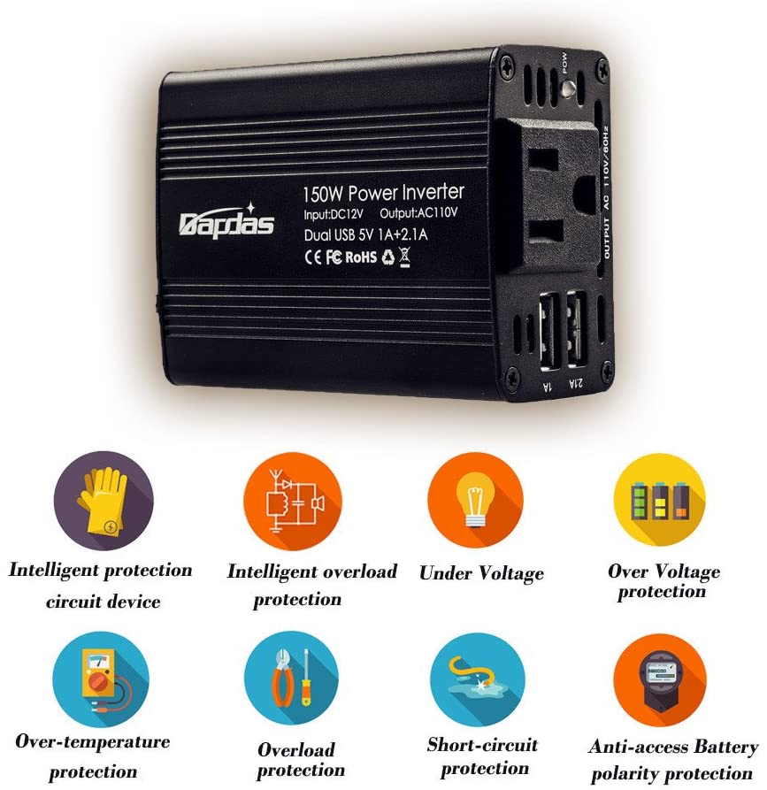 Bapdas 150W Car Power Inverter DC 12V to 110V AC Car Converter--(Best Power Inverter For Car)