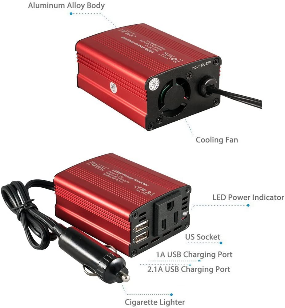 Foval 150W Car Power Inverter 12V DC to 110V AC Converter--(Best Power Inverter For Car)